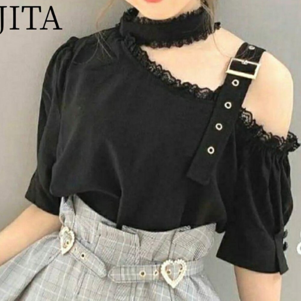 Rojita Jirai Black One-Shoulder Belt Detail Choker Shirt Blouse Top